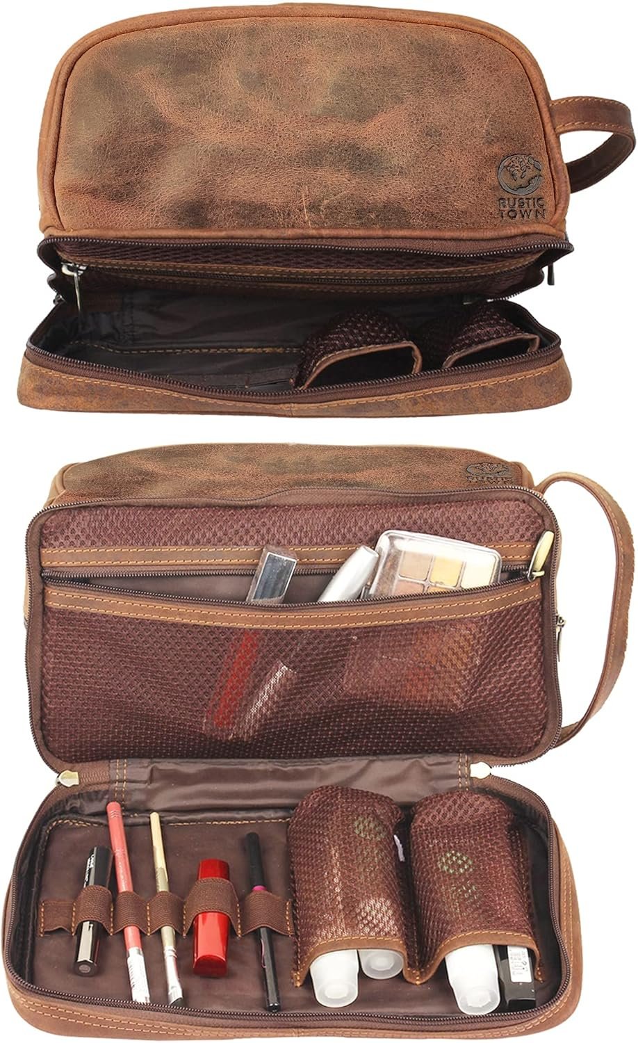Genuine Leather Travel Cosmetic Bag - Hygiene Organizer Dopp Kit by Rustic Town, Brown, Medium, Rt6318flr