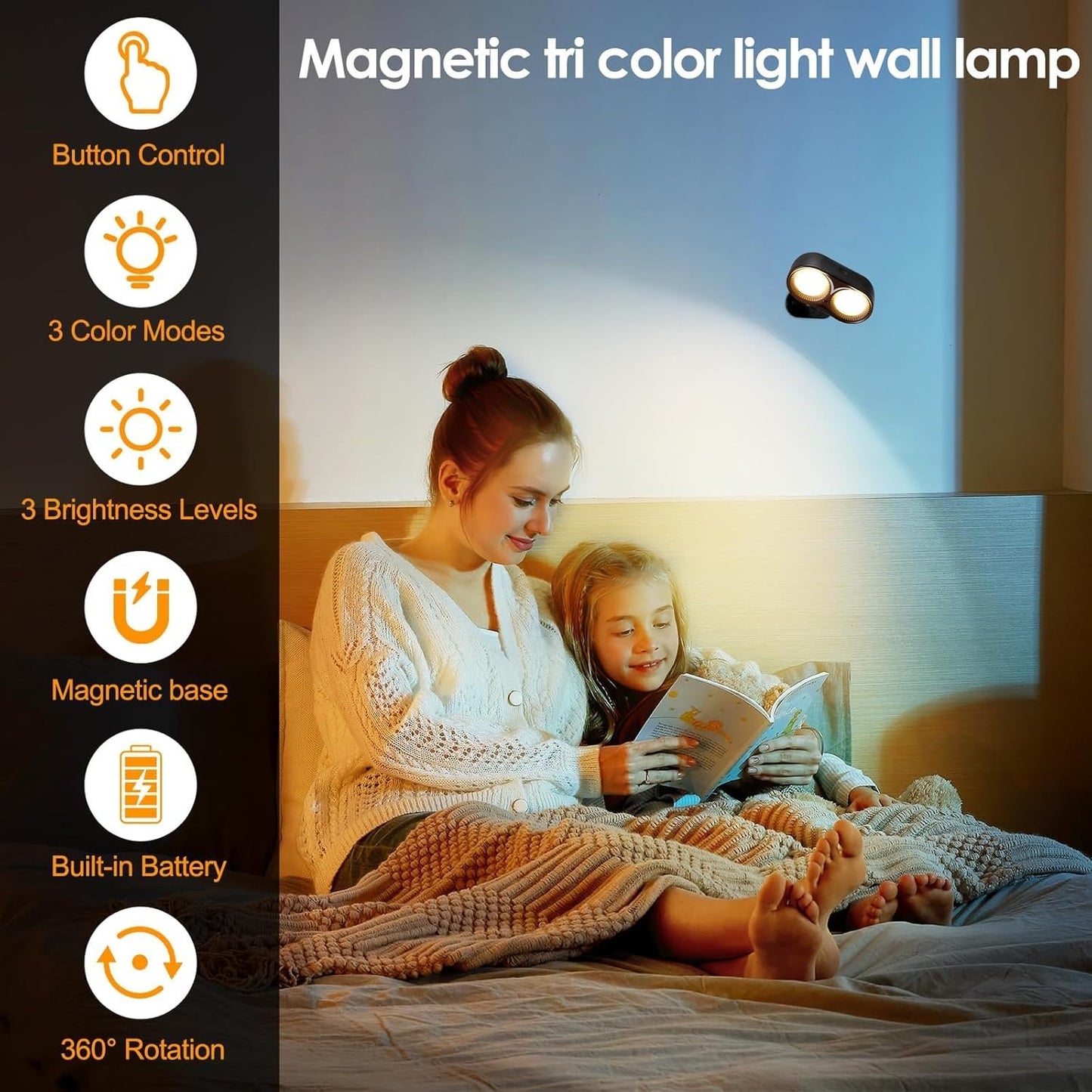 ZONJIE Upgrade LED Indoor Wall Light - Rechargeable Battery Indoor Wall Light with 3 Colour Modes and 3 Brightness Levels, 360° Rotating Wireless Wall Spotlight Indoor