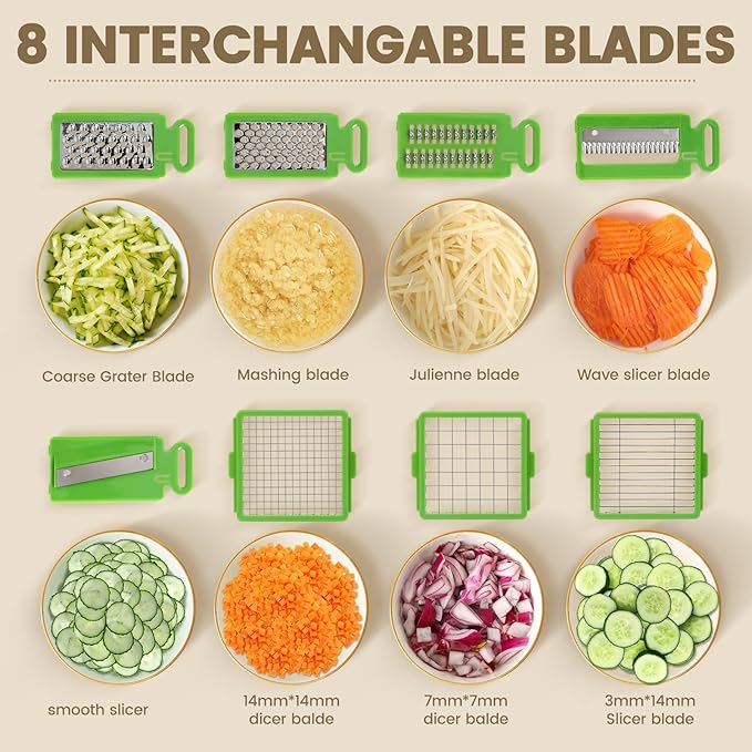Vegetable Chopper with 8 Blades - Onion Chopper 16-in-1 with Container, Kitchen Vegetable Spiralizer Kitchen Gadgets - Home Essentials - Accessories