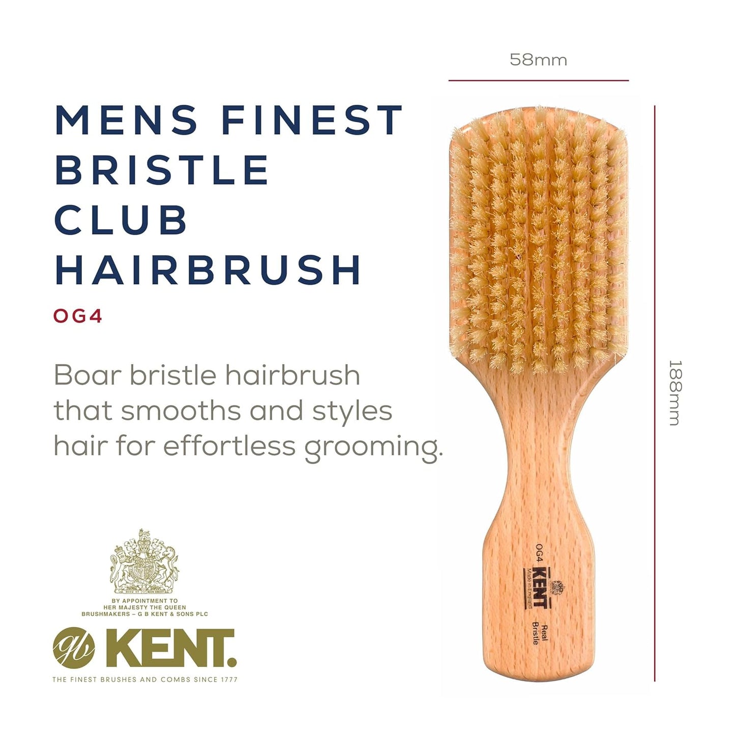 Kent OG4 Rectangular Beachwood Gentlemen's Hair and Facial Brush for Beard Care, Exfoliating Natural Boar Bristle for Men's Grooming, Hair Care, and Beard Straightener