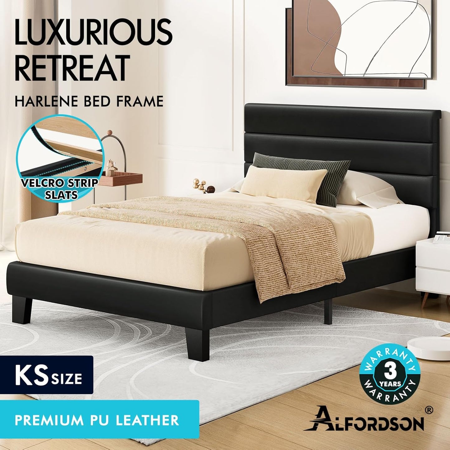 ALFORDSON Bed Frame Base King Single Size with Headboard, Bed Platform Foundation with PU Leather Upholstered for Mattress Topper, Harlene Series Black