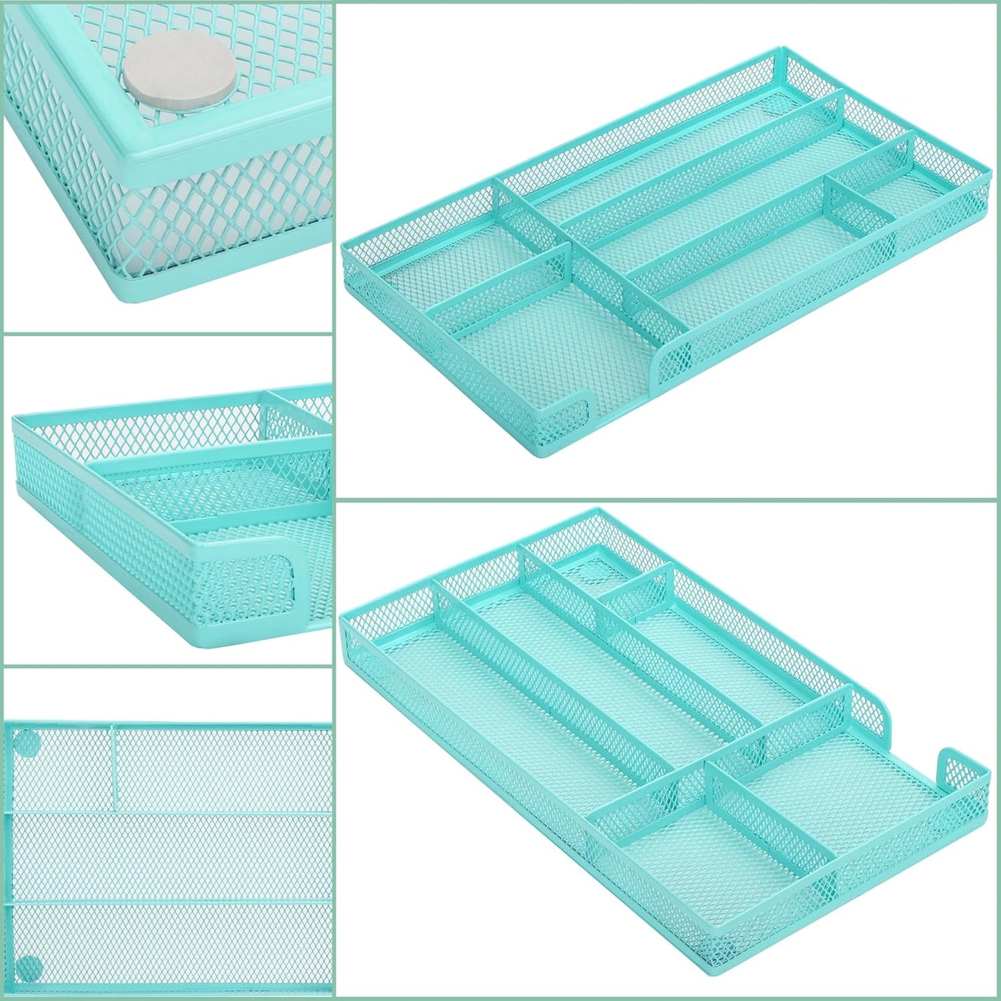 Annova Desk Drawer Organizer Tray for Office Organization - Metal Mesh - Storage Tray with Dividers for Pens, Desktop Accessories, Bathroom, Kitchen, Makeup and Office Supplies (Small) (Turquoise)