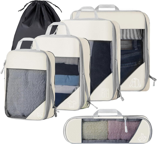 6 Set Ultralight Compression Packing Cubes Packing Organizer with Shoe Bag for Travel Accessories Luggage Suitcase Backpack Travel Accessories Cream