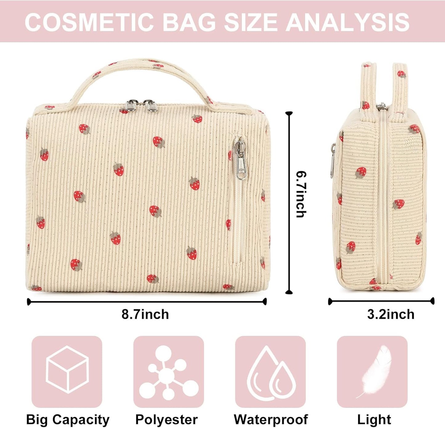 Bluboon Makeup Bag Zipper Pouch Travel Portable Cosmetic Bag Organizer for Women and Girls, Beige Strawberry Corduroy, Strawberry Corduroy Beige Cosmetic Bag