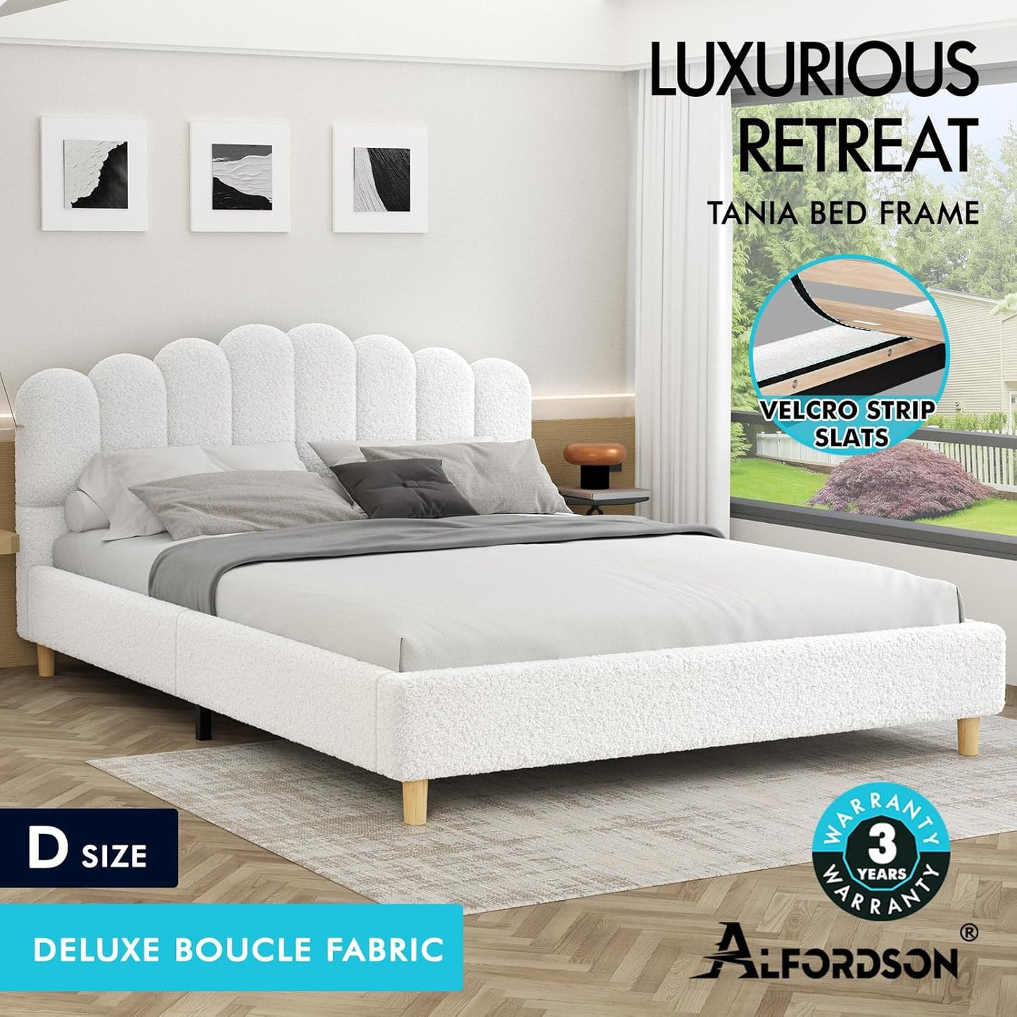ALFORDSON Bed Frame Base Double Size with Boucle Fabric Upholstery, Bed Platform Foundation with Headboard for Mattress Topper, Tania Boucle White