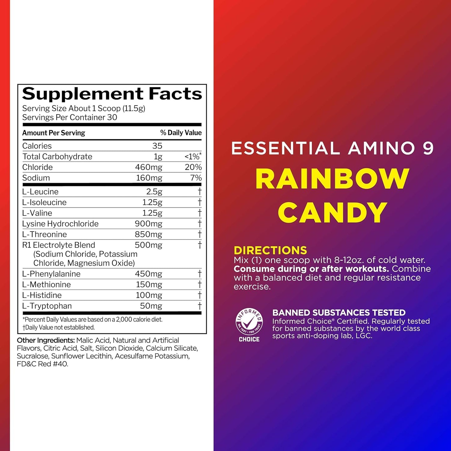 Rule1 R1 Essential Amino 9 Recovery & Hydration Support Supplement 345 g, Rainbow Candy (30 Servings)