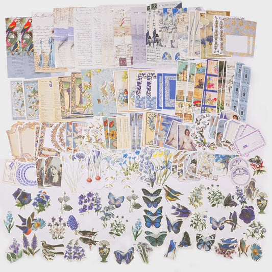 200 Pcs Vintage Scrapbooking Sticker Set,Retro Journaling Supplies Aesthetic Decorative Stationery Paper,Washi DIY Art Craft Botanical Animals Kits Collage,for Writing,Album,Travel Journal (blue)