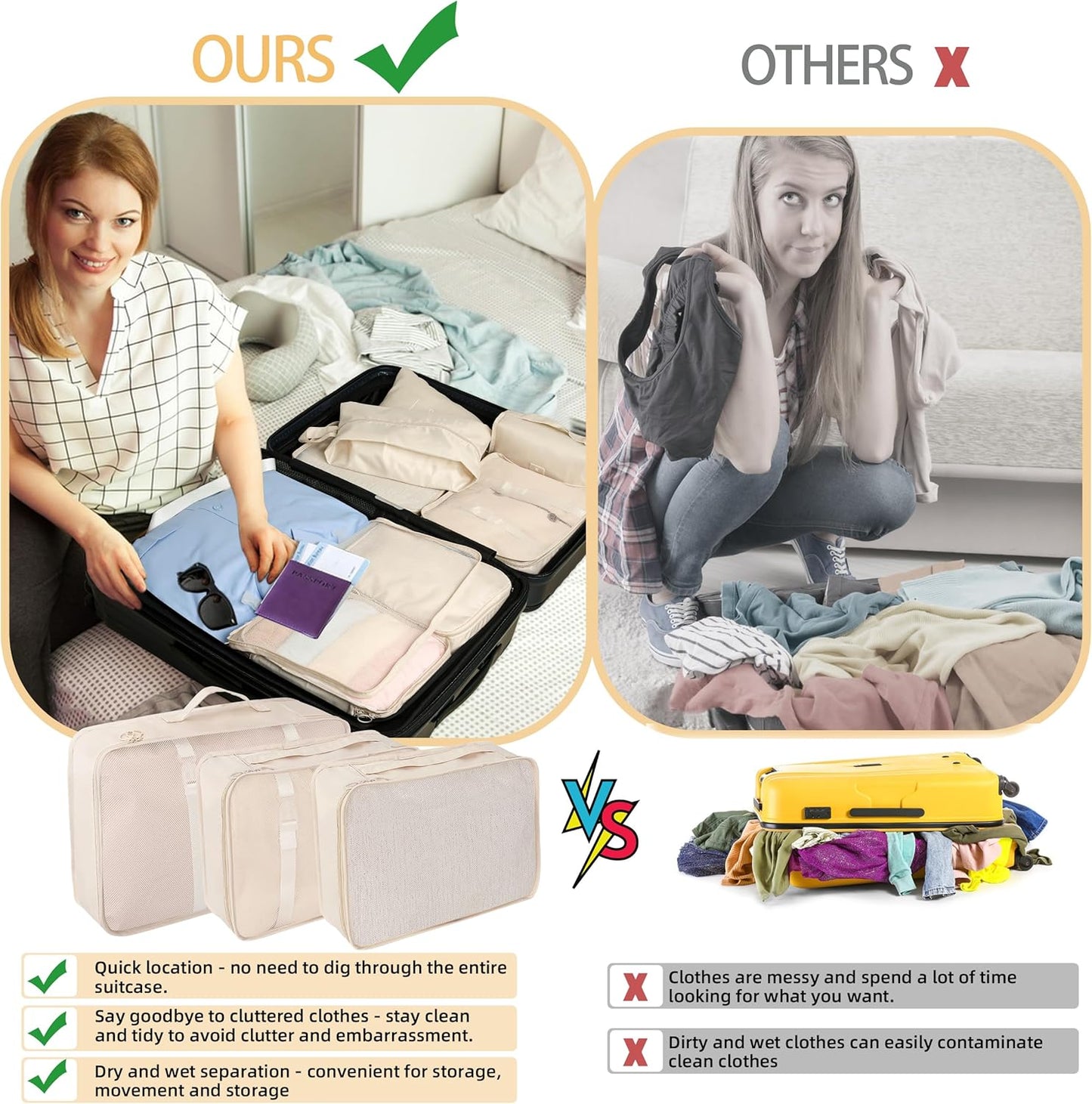 10 Pcs Set Packing Cubes - Travel Packing Organizers, Expandable Suitcase Organizer, Luggage Organizer Bags, BEIGE, Large