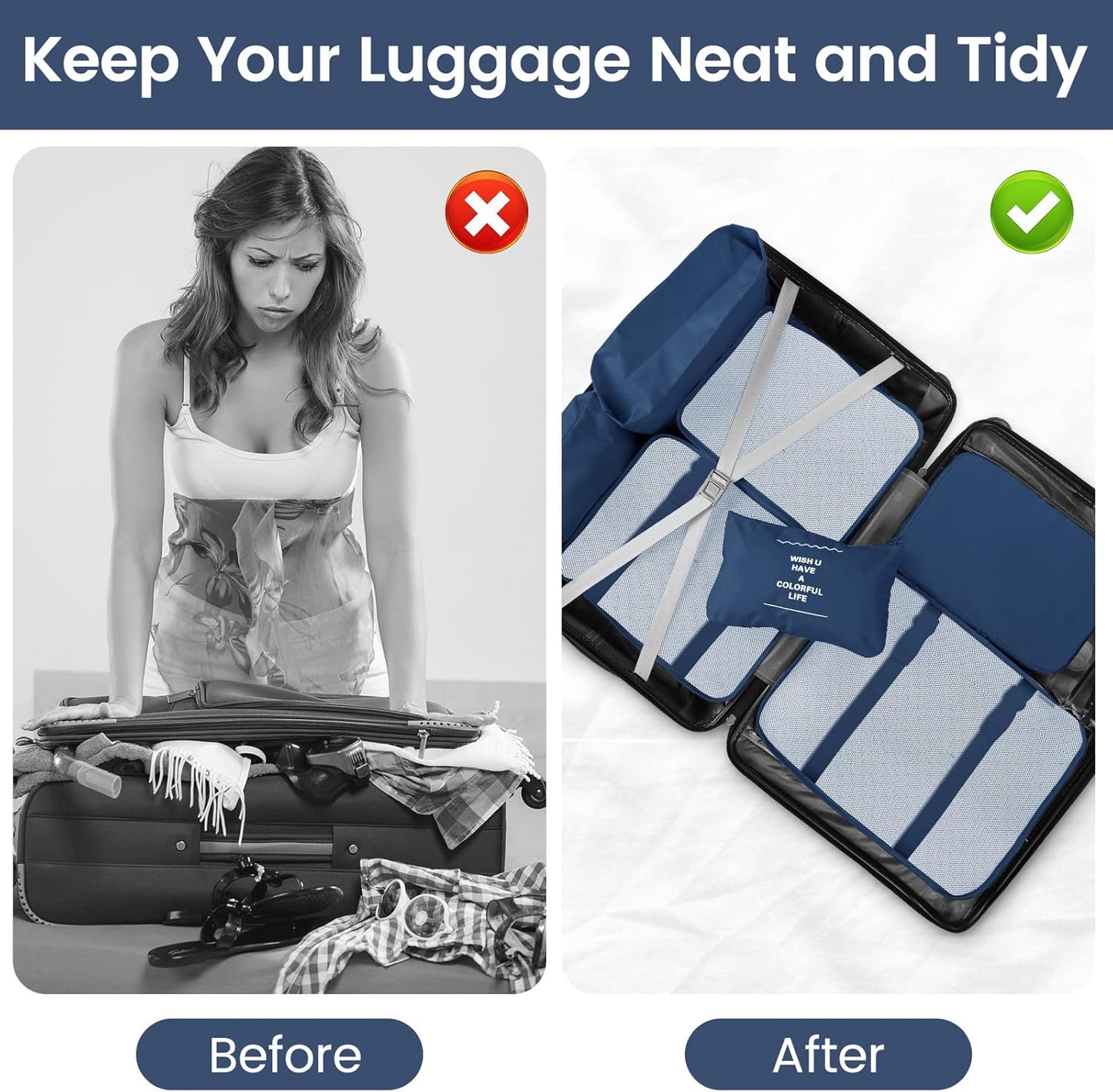 Sarsumir Travel Suitcase Organizer, 8 Pieces Packing Cubes Organizer Suitcase Travel Organizer with Waterproof Bags Toiletry Clothes Shoes, Navy Blue