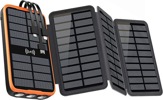 2025 Upgraded Solar Power Bank, 26800mAh with 4x Foldable Solar Panels Built-in 2 Output & 1 Input Cables PD 20W QC3.0 18W Fast Charging and Qi 10W Wireless Charging 6W Solar Charging Portable Charger