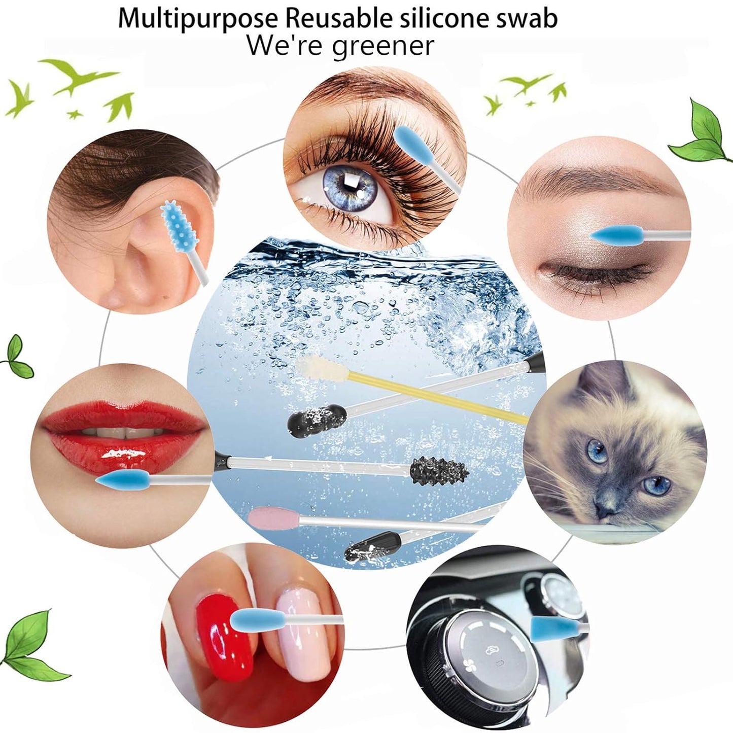 Strogem Reusable Cotton Swabs with 1 Mirror for Makeup Application and Cleaning, Multifunctional Portable Washable Silicone Q-Tip (Blue)