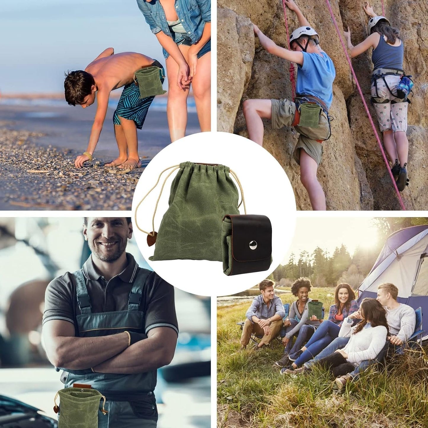 phpingan® Genuine Leather Foraging Bag with Strap(Non PU Leather), Collapsible Bushcraft Bag with Waxed Canvass Water Proof Belt Pouch, Backpacking Gear for Outdoor Camping Hiking Travel Green