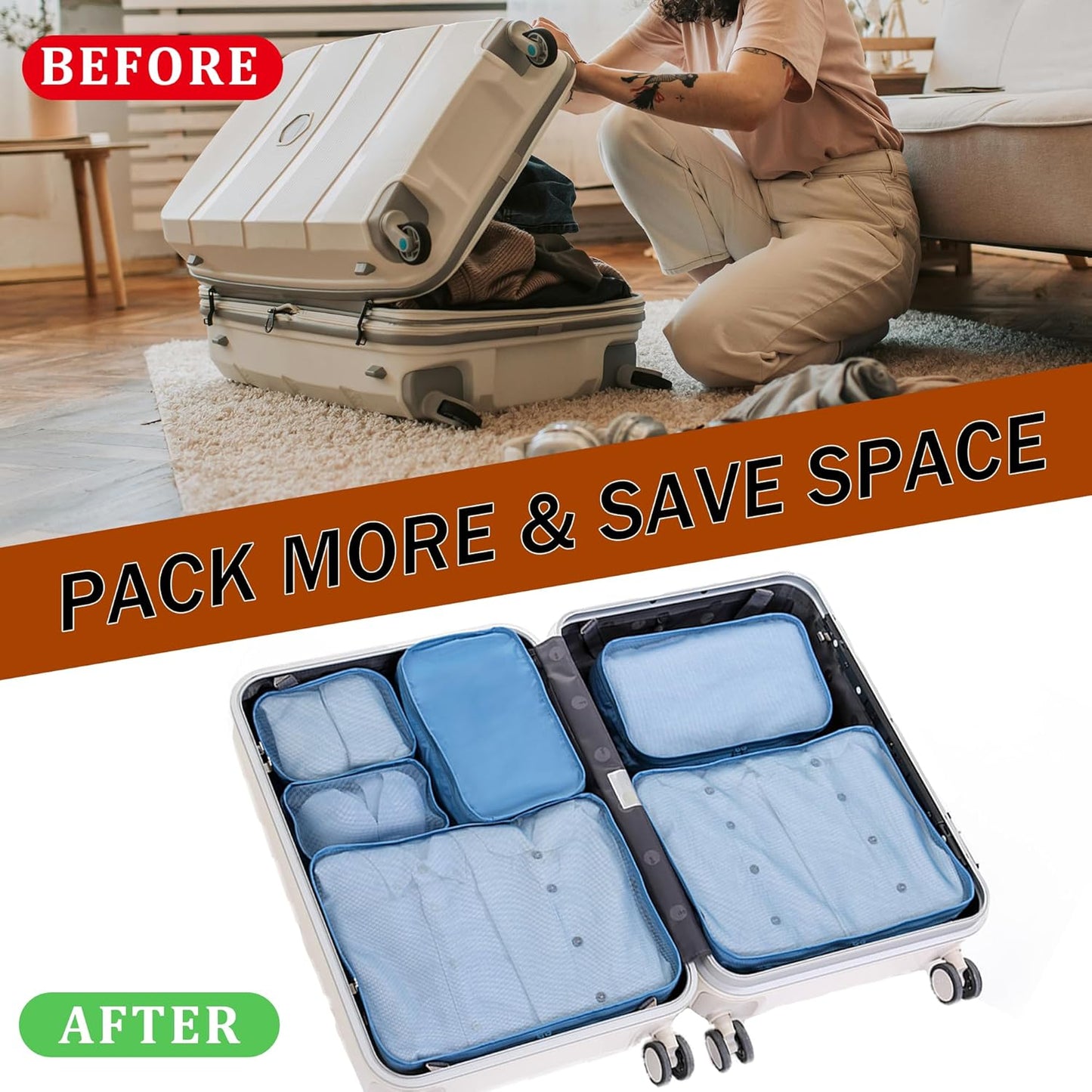 JOVALA Travel Packing Cubes 6 PCS Set Compression Cubes Luggage Suitcase Organisers Bags Pouch Clothing Sorting Packages Lightweight Travel Essentials (Beige)