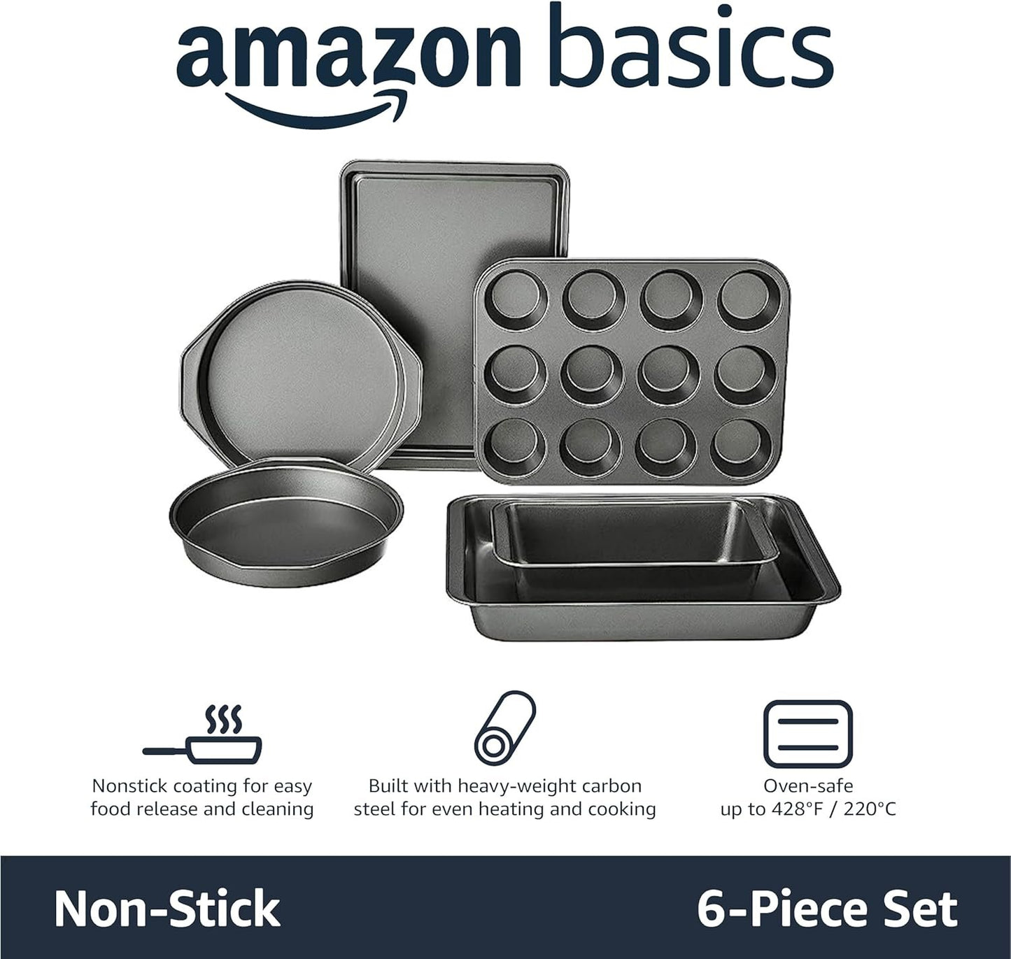 Amazon Basics 6 Piece Nonstick, Carbon Steel Oven Safe Bakeware Set 41.3 x 29.8 x 15.9 cm