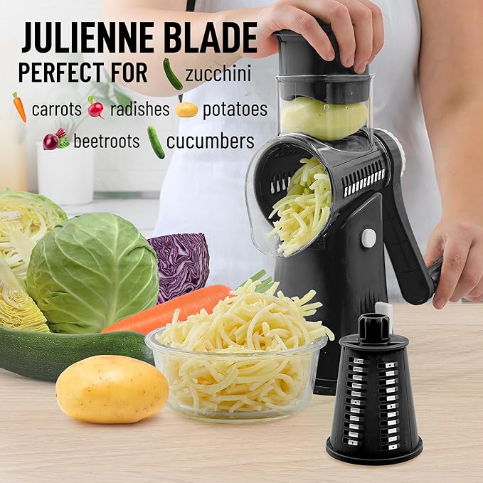 Zulay Kitchen Rotary Cheese Grater 5 Blade Cheese Shredder - Manual Hand Crank Cheese Grater With Reinforced Suction & 5 Interchangeable Drums - Easy to Use, Vegetable Chopper Round Mandoline Slicer