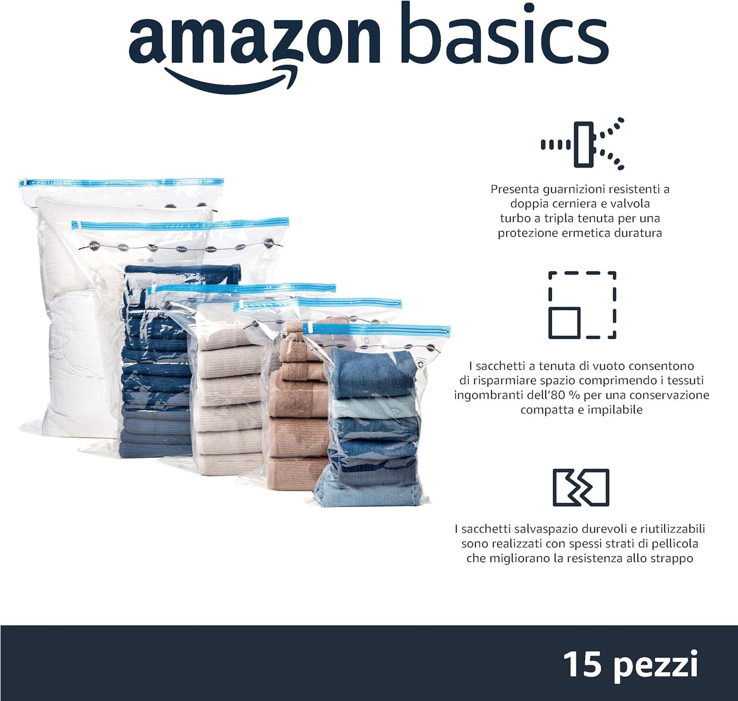Amazon Basics Zipper Vacuum Bags with Hand Pump, Pack of 15, 2 X Jumbo, 5 Jumbo, 4 Large, 4 Medium, Clear