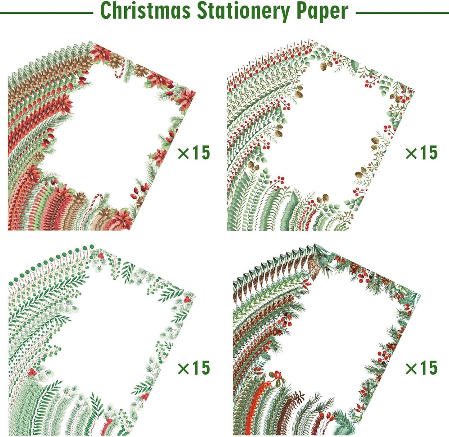 AnyDesign 60Pcs Christmas Stationery Paper 4 Design Christmas Green Plants Border Letterhead Winter Decorative Writing Paper for Xmas Notes Greeting Cards Invitation Office School Printing, 8.5 x 11"