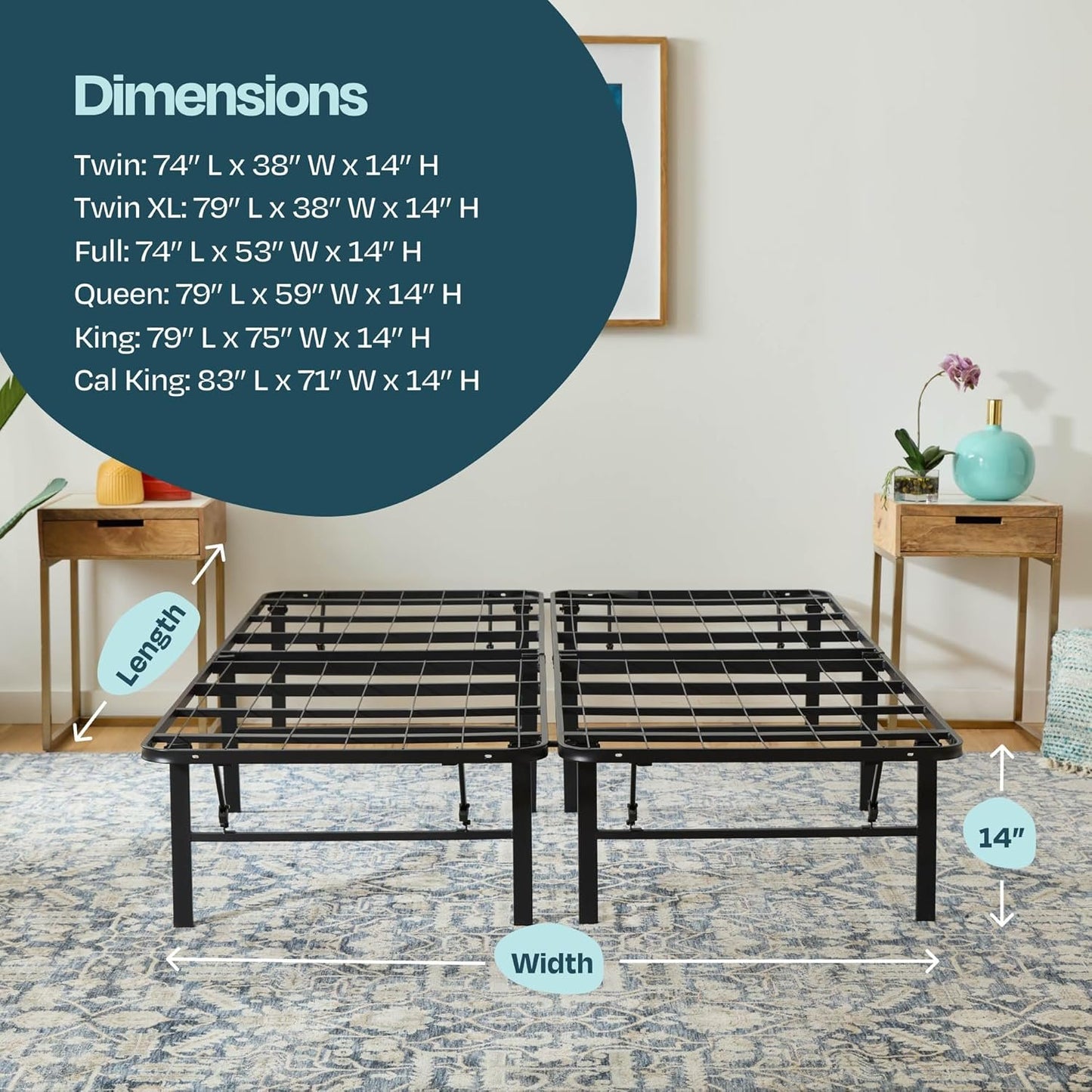 LINENSPA 14 Inch Folding Metal Platform Bed Frame - 13 Inches of Clearance - Tons of Under Bed Storage - Heavy Duty Construction - 5 Minute Assembly - Twin XL