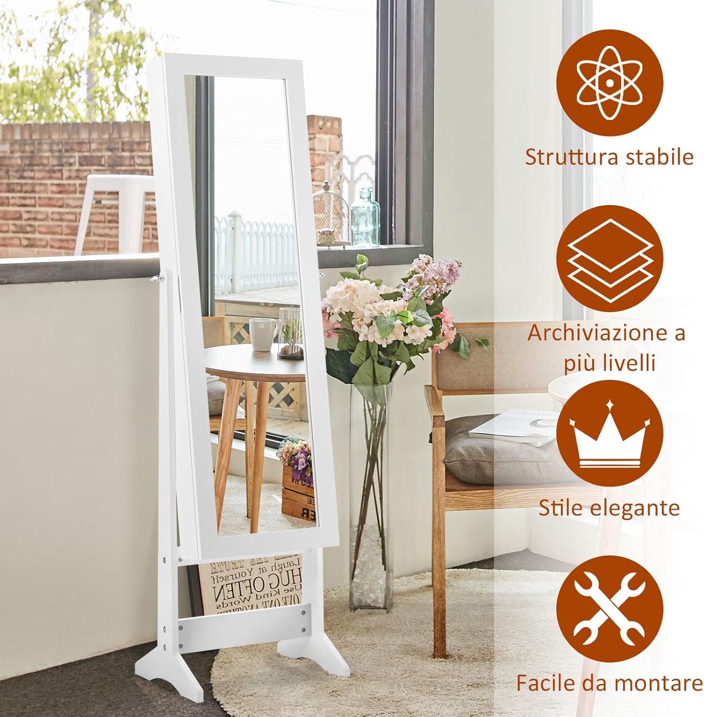 COSTWAY Floor Standing Jewellery Cabinet with 3 Corner Mirror, Jewellery Box Organizer for Bedroom Jewellery, 35 x 30 x 144 cm (White)