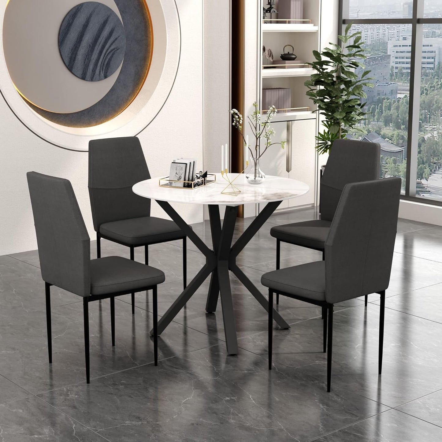 NIERN Round Dining Table, 35.4" Modern White Sintered Stone Table Top Kitchen Table, Dining Room Table with Black Powder Coated Legs for Home Living Room Kitchen