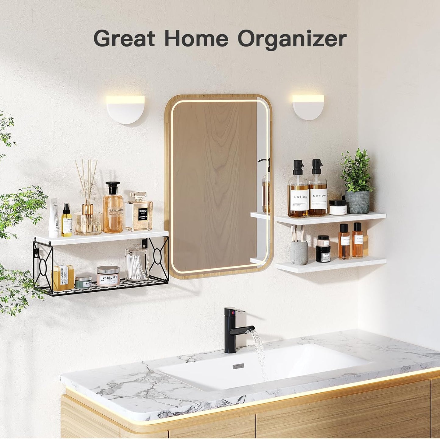 Amada Bathroom Shelves Over Toilet with Storage Basket, Floating Wall Shelves for Home Organization & Wall Decor, Bathroom/Kitchen/Living Room ShelvesWhite