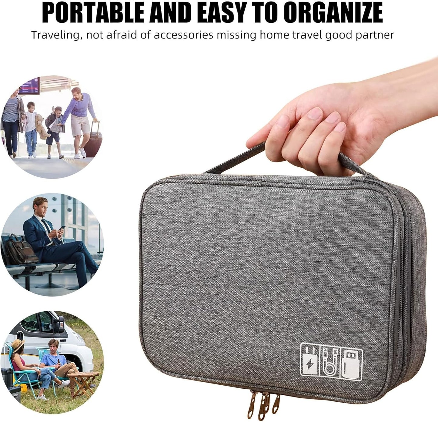 Portable Double-Layer Electronic Accessory Bag Sorting Bag - Waterproof Digital Storage Bag for Travel, Oxford Cloth Material, Large Capacity with Detachable Partition (Black + Blue)