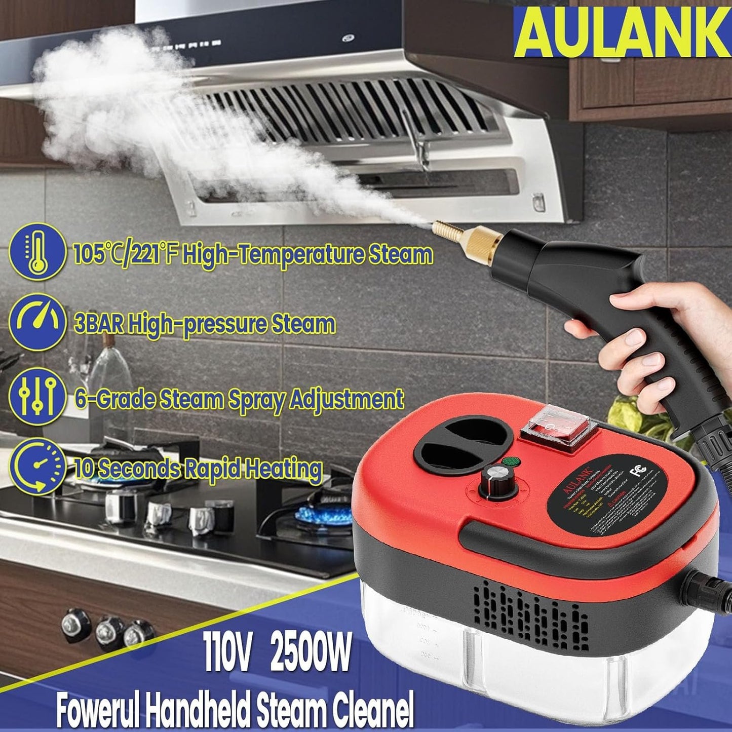2500w handheld high-temperature pressurized steam cleaner,Portable Car Steamer For Auto Detailing,Steam Cleaner For Home,Steam Cleaning Machine For Furniture,Kitchen,Grout,Floor,Tile (Red)