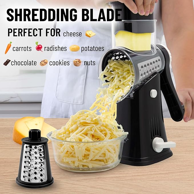 Zulay Kitchen Rotary Cheese Grater 5 Blade Cheese Shredder - Manual Hand Crank Cheese Grater With Reinforced Suction & 5 Interchangeable Drums - Easy to Use, Vegetable Chopper Round Mandoline Slicer