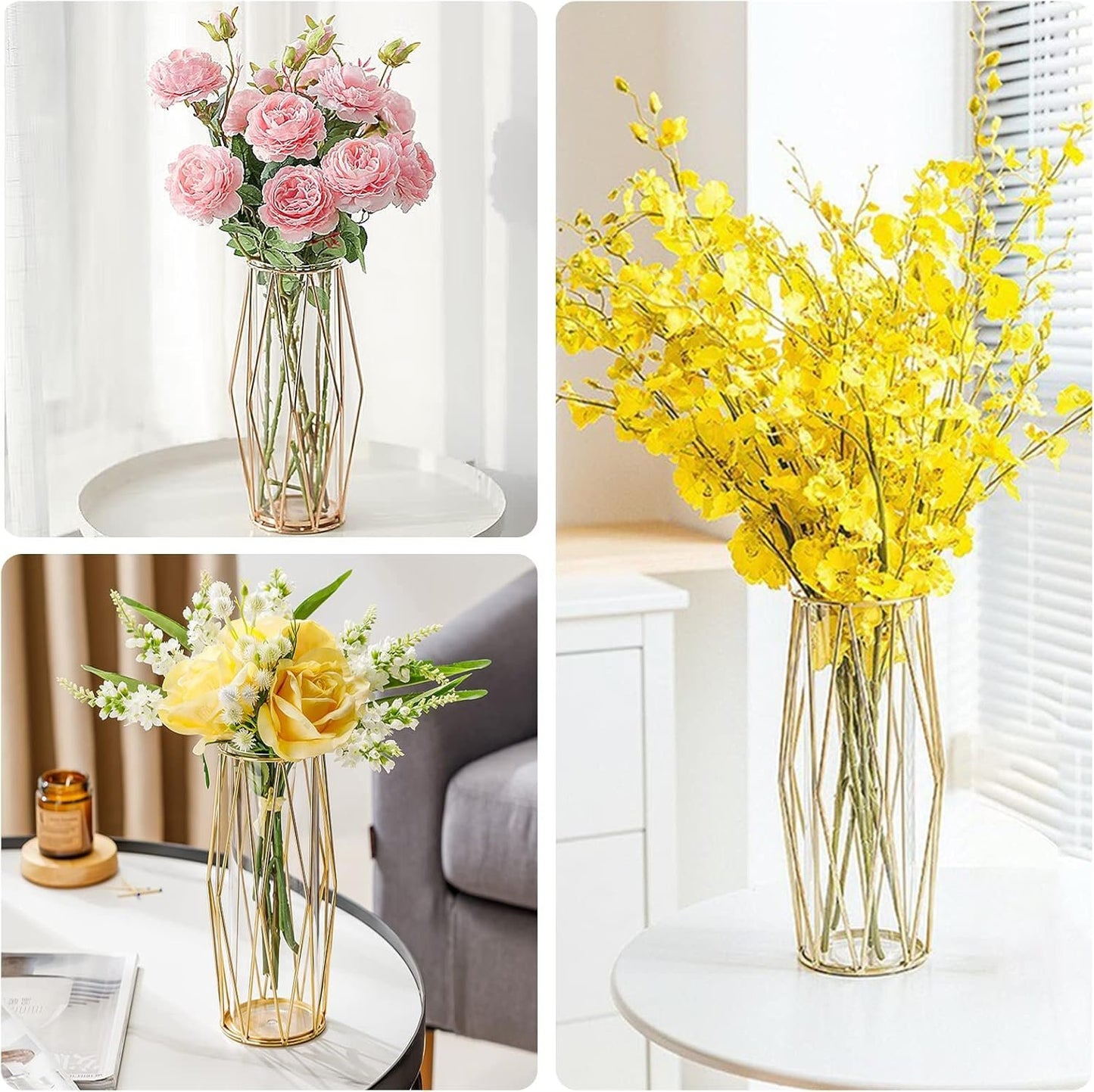 Decorative Indoor Glass Vase with Metallic Geometric Stand, Crystal Terrarium, Glass Vase for Hydroponic Plants and Flowers, Wedding Centerpieces and Interior Decoration