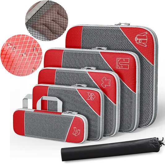 Rantuia Compression Packing Cubes, 6pcs Set, Water Proof Nylon Material, Breathable, 70% Compression, Compression Packing Cubes for Travel, Lightweight compression Packing Cubes Kit.(Red)
