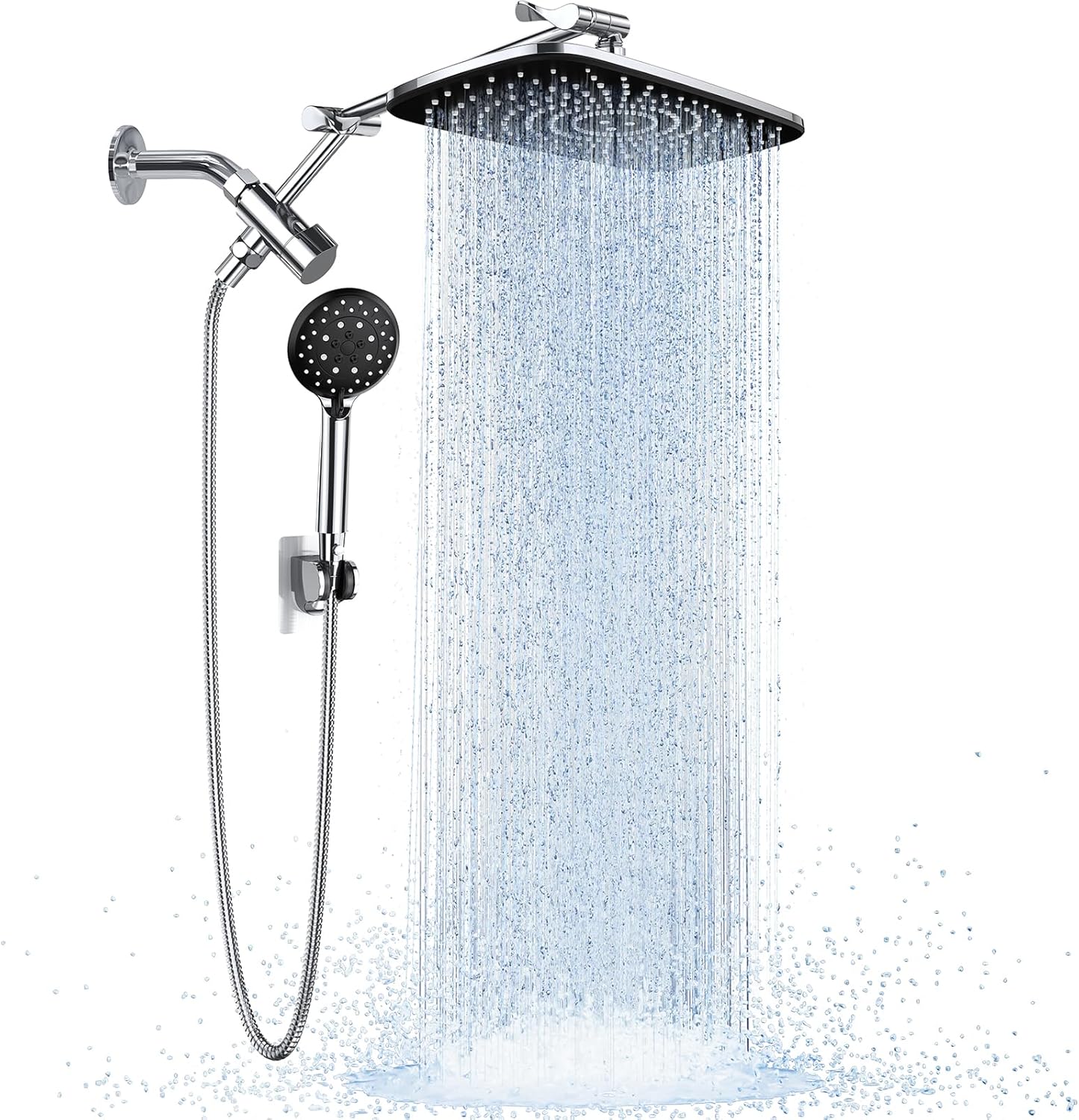Veken Wide Rain Shower Head with 6 Modes Handheld Water Spray,High Pressure Showerhead Combo with Arm for Bathroom Accessories,Home Decor Adjustable Dual Shower with Anti-Clog Nozzles,Silver Chrome