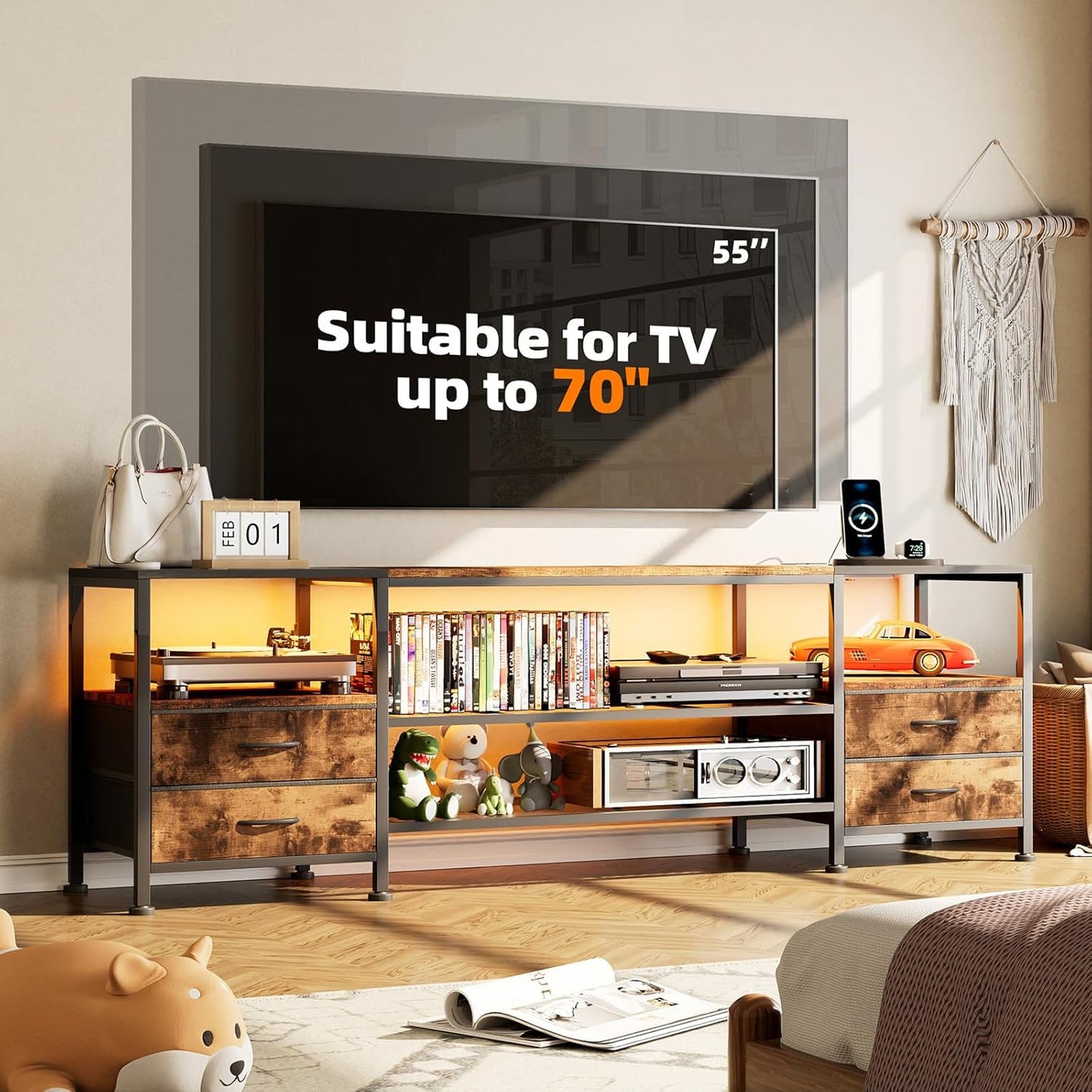 Chleby Fabric Dresser with 4 Drawers TV Cabinet Fabric and Leather with Socket and LED Light Strip Fabric Chest of Drawers for Living Room, Bedroom, Children's Room, Brown
