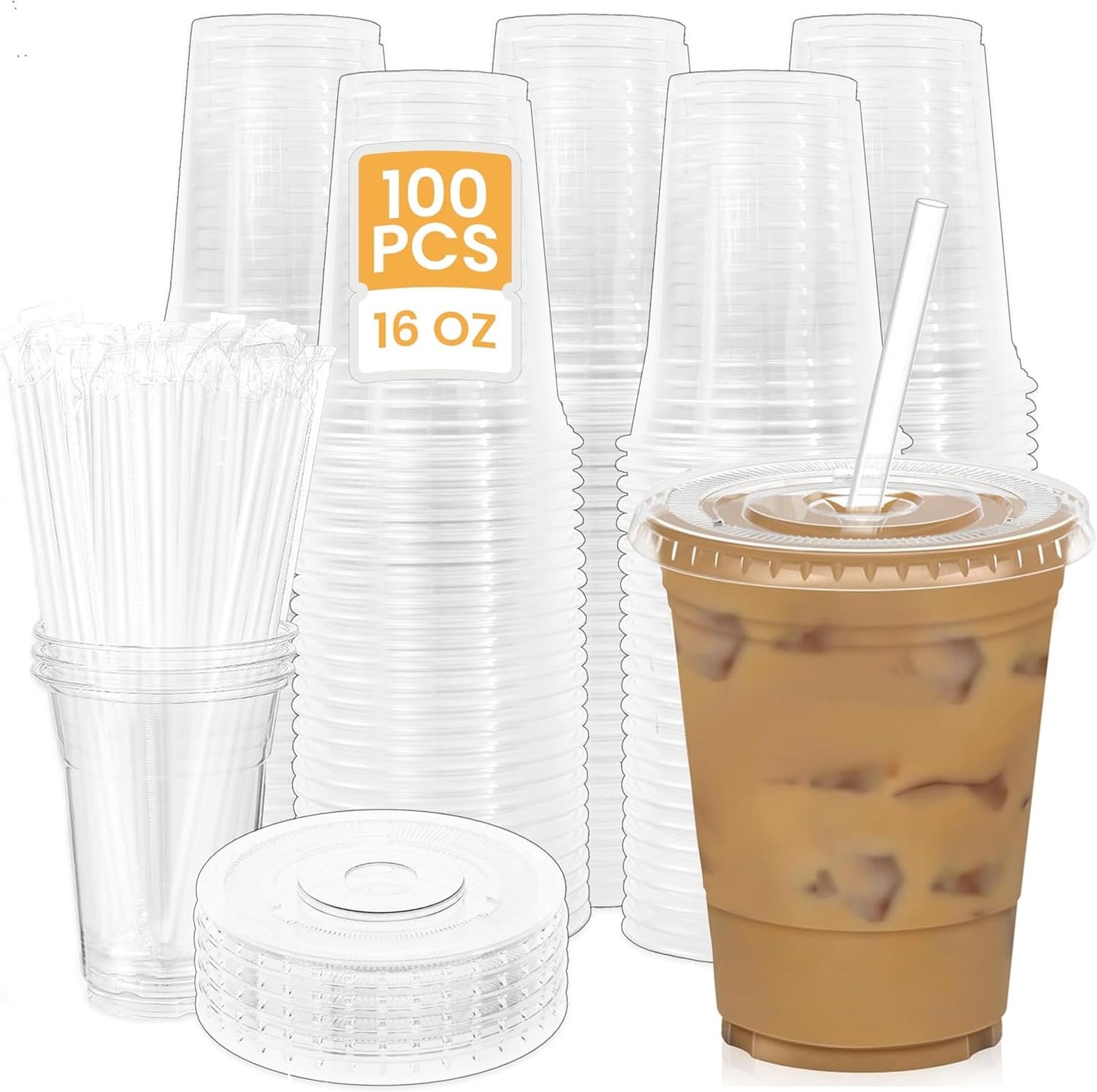 100Pcs 16 oz Plastic Cups with Lids and Straws, Disposable Clear Plastic Cups with Lids for Iced Coffee (16 oz)-Praty-Wedding-Celebration
