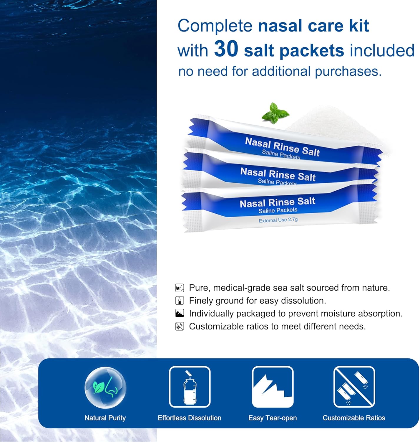MAOEVER Neti Pot Sinus Rinse Bottle Nose Wash Cleaner Pressure Rinse Nasal Irrigation for Adult & Kid BPA Free 300 ML with 30 Nasal Wash Salt Packets and Sticker Thermometer(Blue)