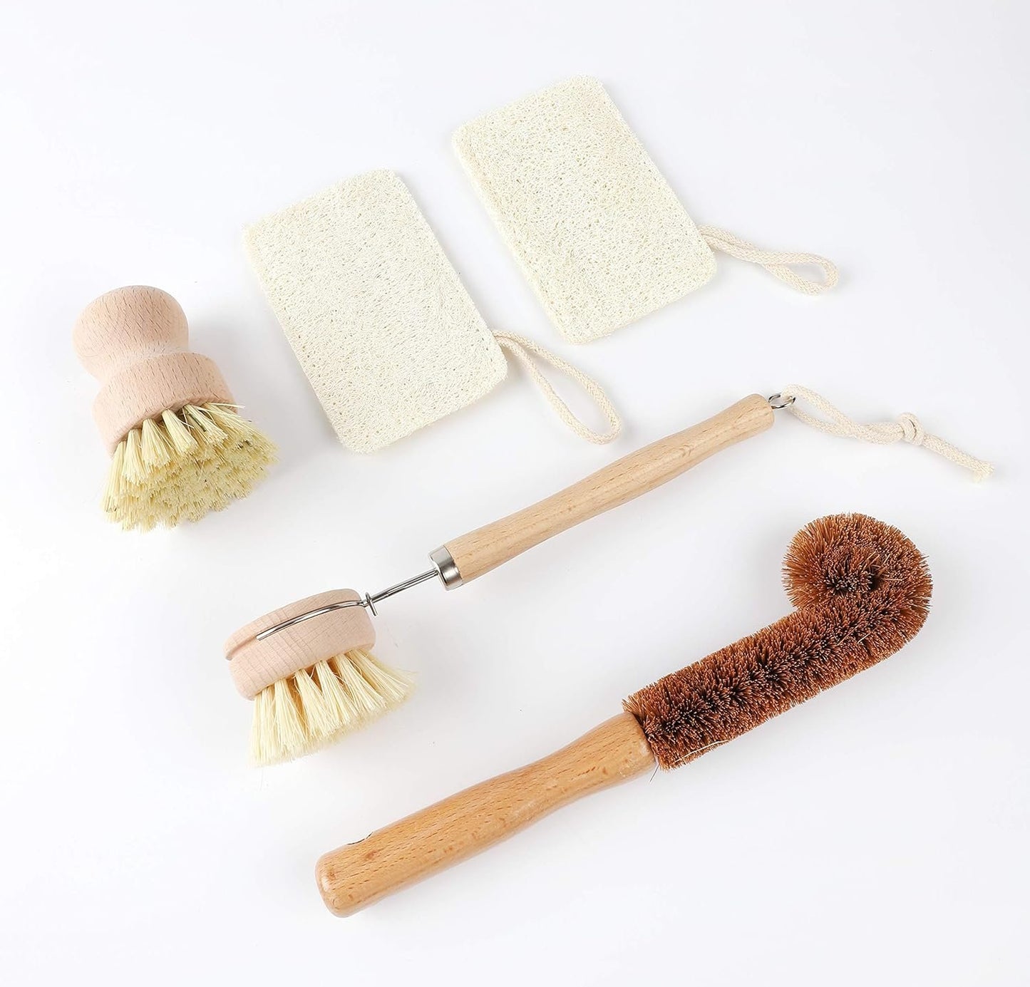 TXV Mart Eco-Friendly Natural Wooden Kitchen Cleaning Brush Set, 5 Piece, Wooden Dish Cleaning Brush Set, Loofah Dish Sponges, Dish and Bottle Scrubber Brushes