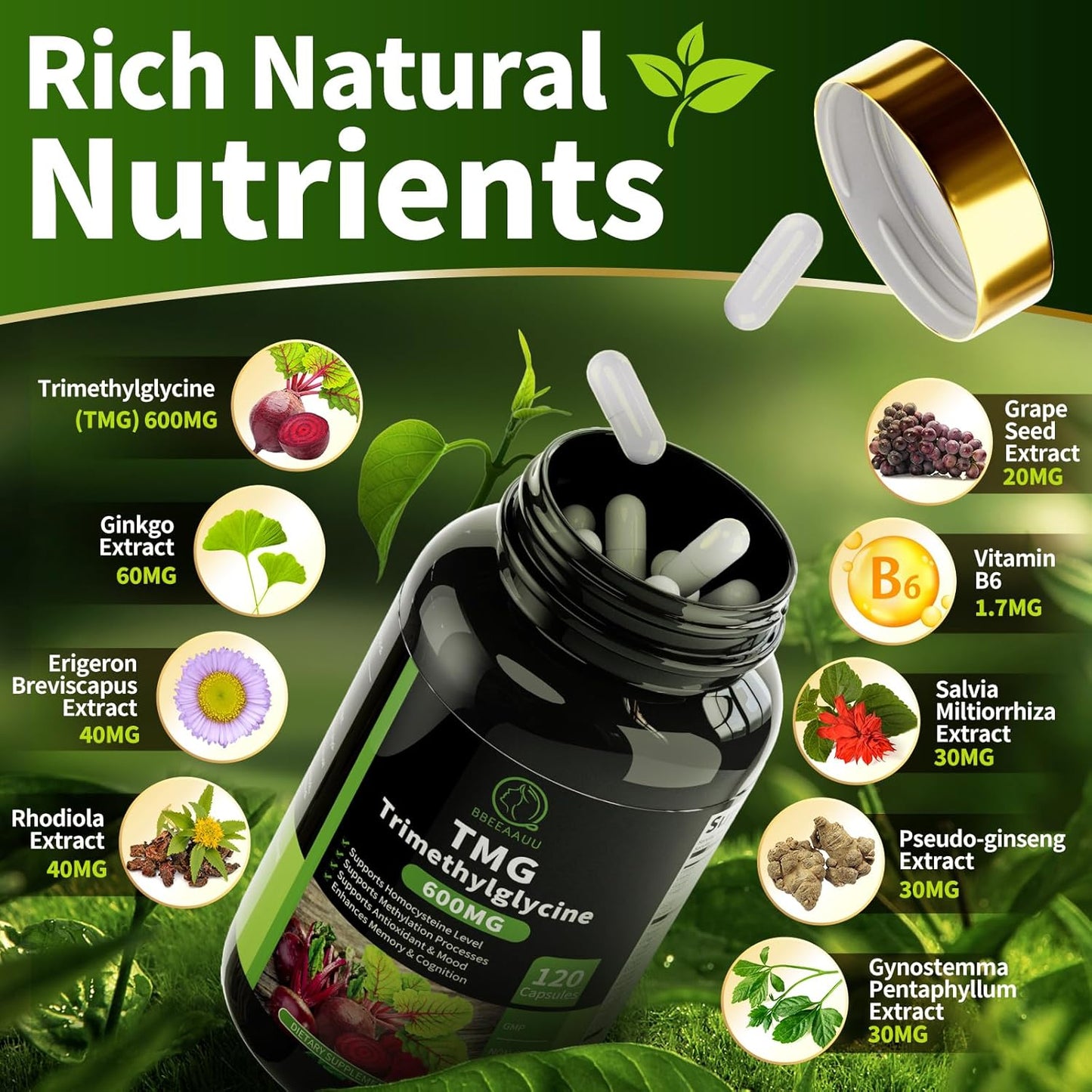 TMG Supplements - Trimethylglycine Capsules, Betaine Anhydrous 600mg, with Ginkgo & Vitamin B6, Supports Methylation, Liver Wellness & Cognitive, Non-GMO, Vegan, Blood Orange Flavor 120 Count