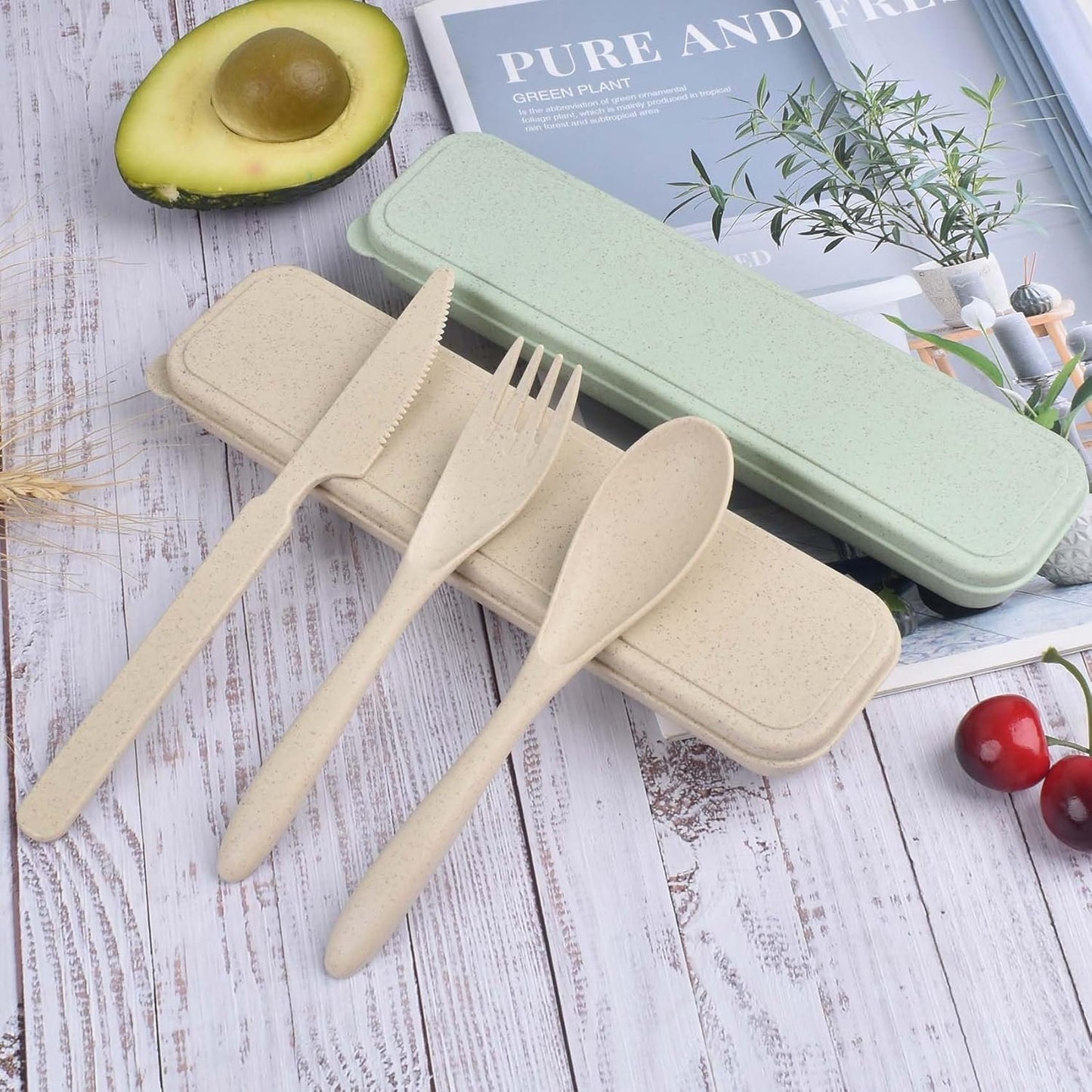 2 Sets Reusable Utensils Set with Case, Portable Camping Fork Knife Spoon Cutlery Set, Wheat Straw Travel Utensils, Tableware for Kids Adults Travel Picnic Camping Utensils (2 Color)