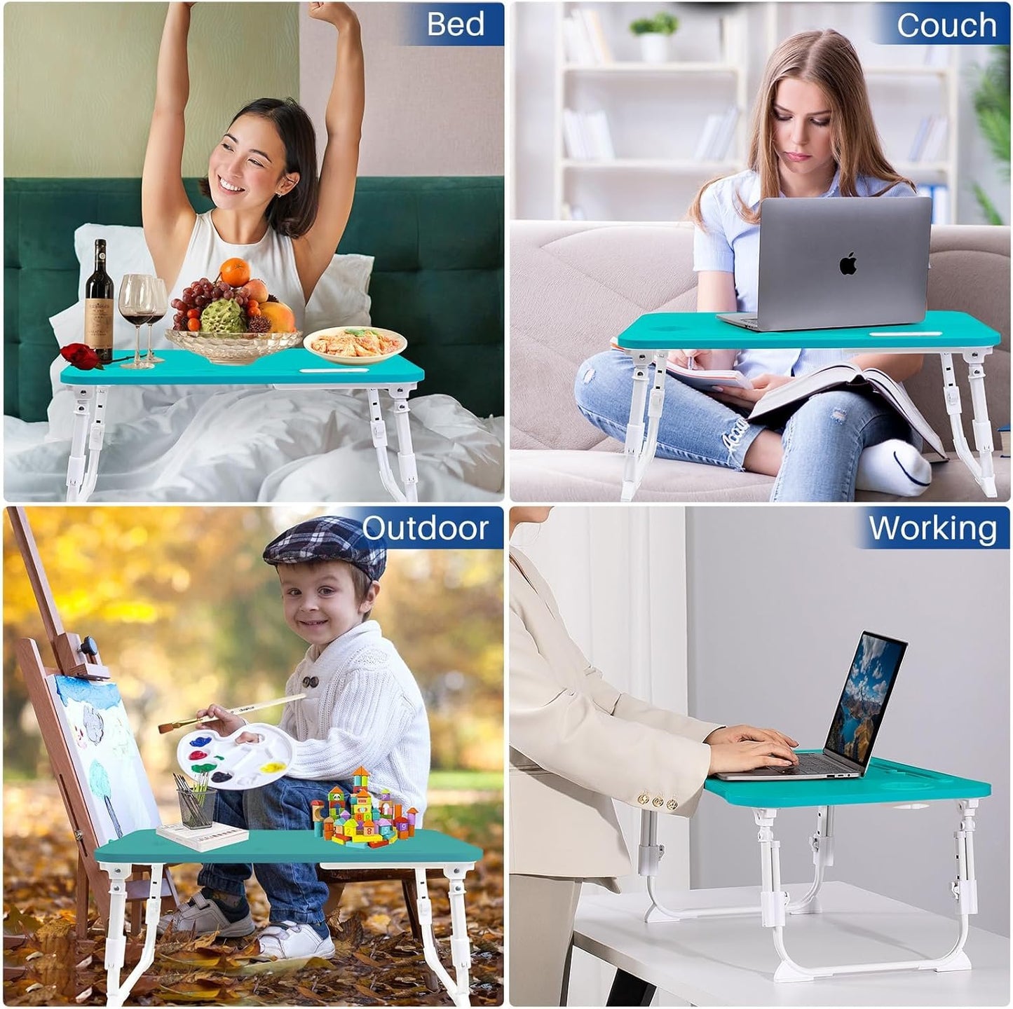 Laptop Desk for Bed, Height Adjustable Laptop Bed Table, Foldable Portable Lap Desk Stand with USB/Storage Drawer/Cup Holder/Slot, Breakfast Tray for Working Reading Writing Eating