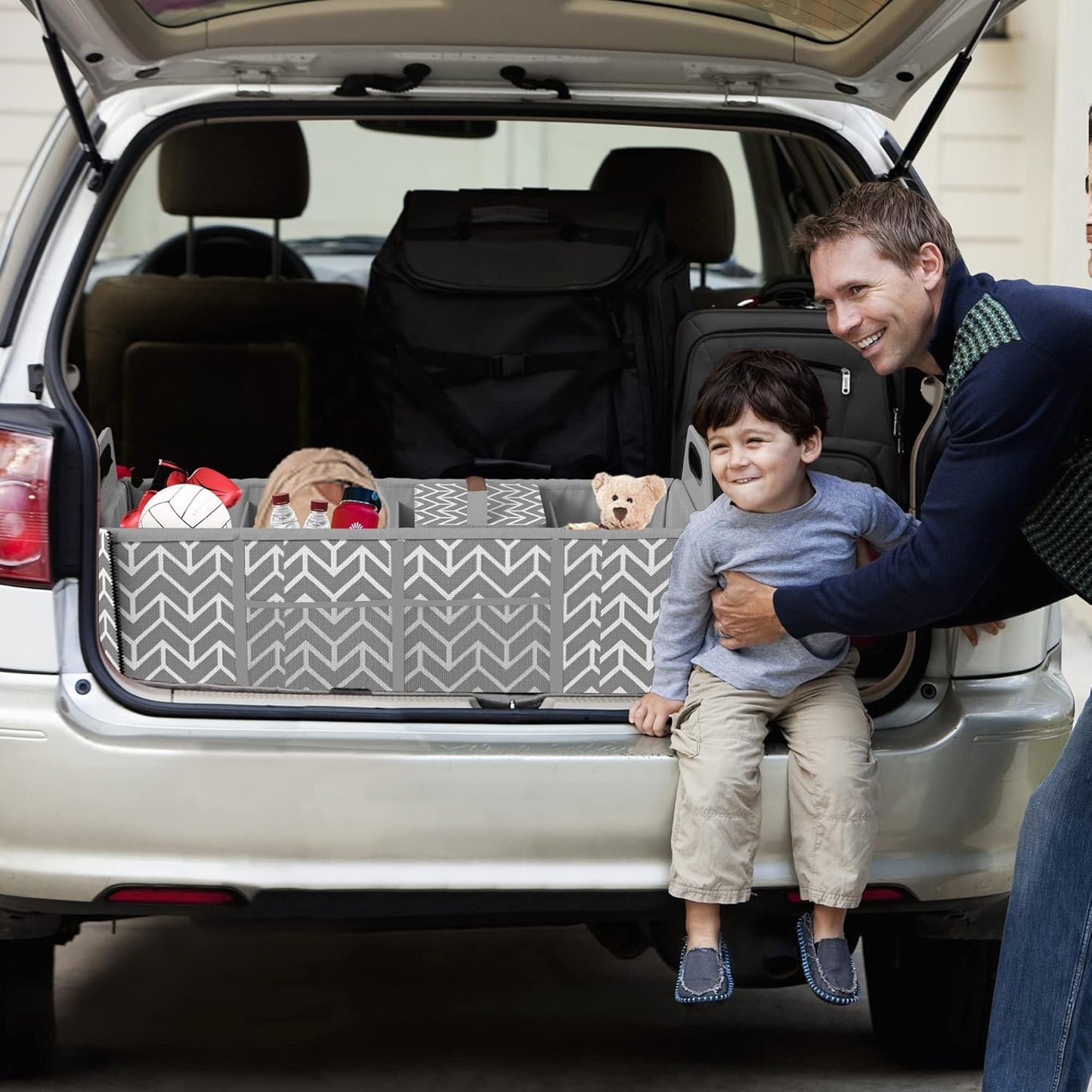 Trunk Organizer, Foldable Car Storage Bag Portable Insulation Cooler Bag Collapsible Vehicle Organizer Divider Storage Totes with 4 Compartment Cargo Tote for Groceries Caddy SUV, Gray