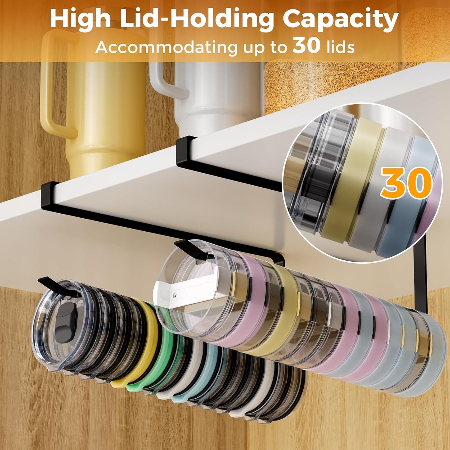 2 PCS Tumbler Lid Organizers, Ample Lid Capacity Up to 30 Lids, No Adhesive No Drill Yeti Lid Organizer Holder Inside Cabinet, Space-Saving Yeti Stanley Tumbler Cup Lid Holder Organizer for Kitchen