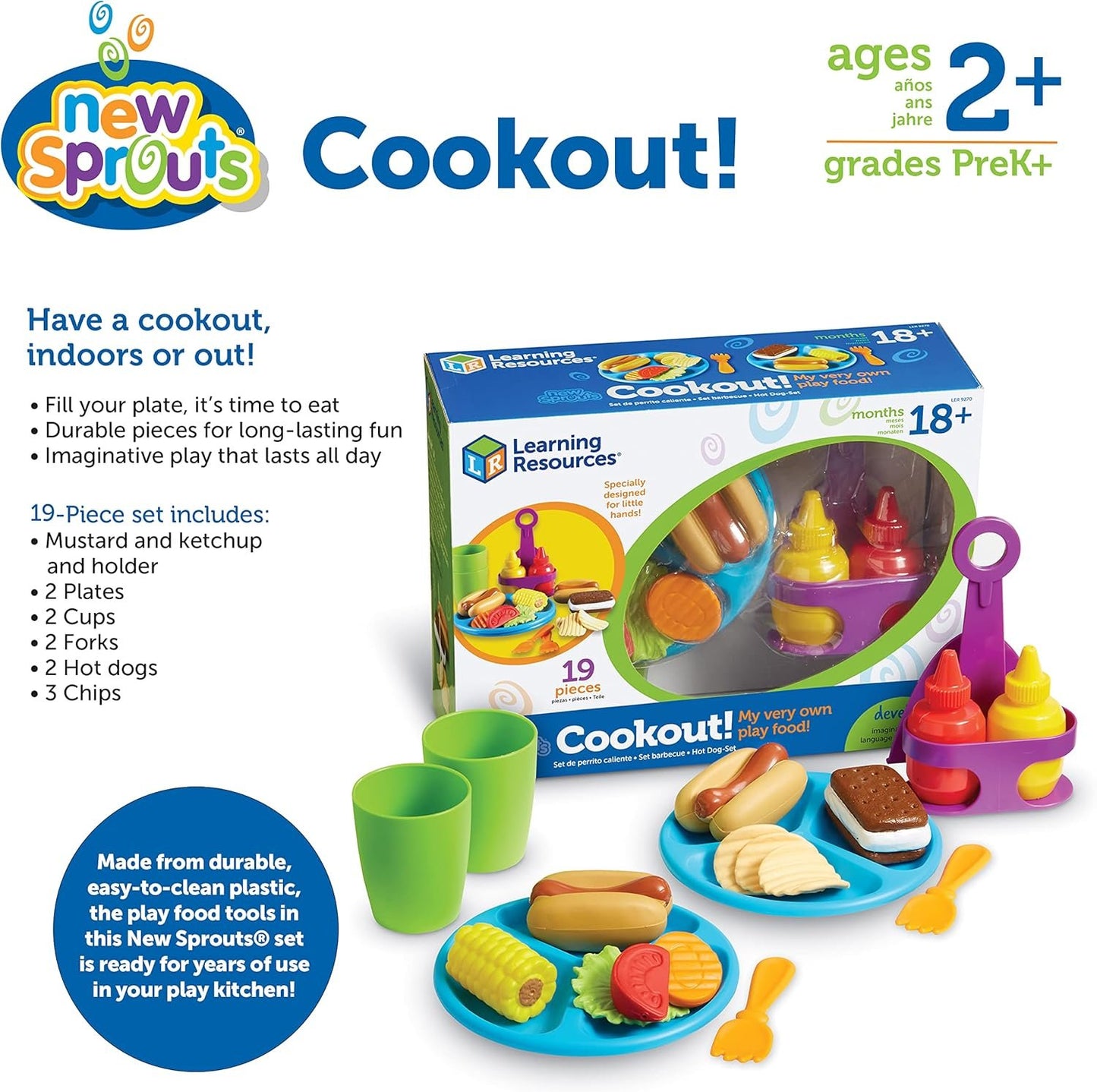 Learning Resources New Sprouts Cookout! Barbecue Set, Pretend Play Food, Toddler Outdoor Toys, 19 Pieces, Ages 18 mos+