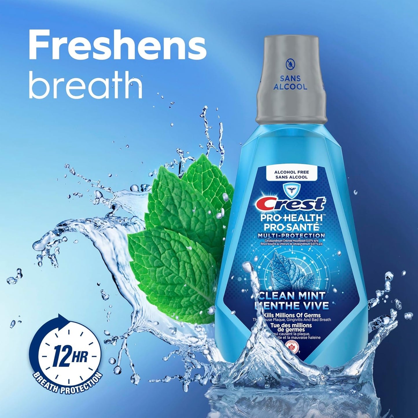 Crest Pro-Health Multi-Protection Alcohol-Free Mouthwash, Clean Mint, Freshens Breath with 12 Hours of Breath Protection, 1L