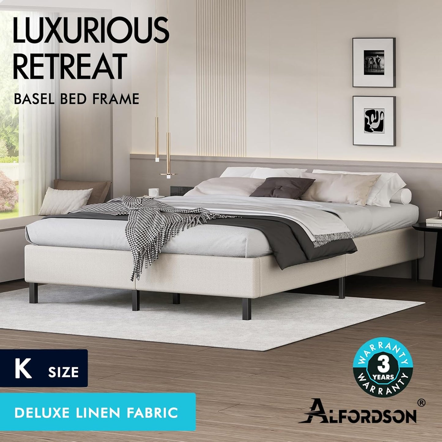 ALFORDSON Bed Frame Base King Size with Linen Upholstery, Bed Platform Foundation Without Headboard for Mattress Topper, Basel Fabric Beige
