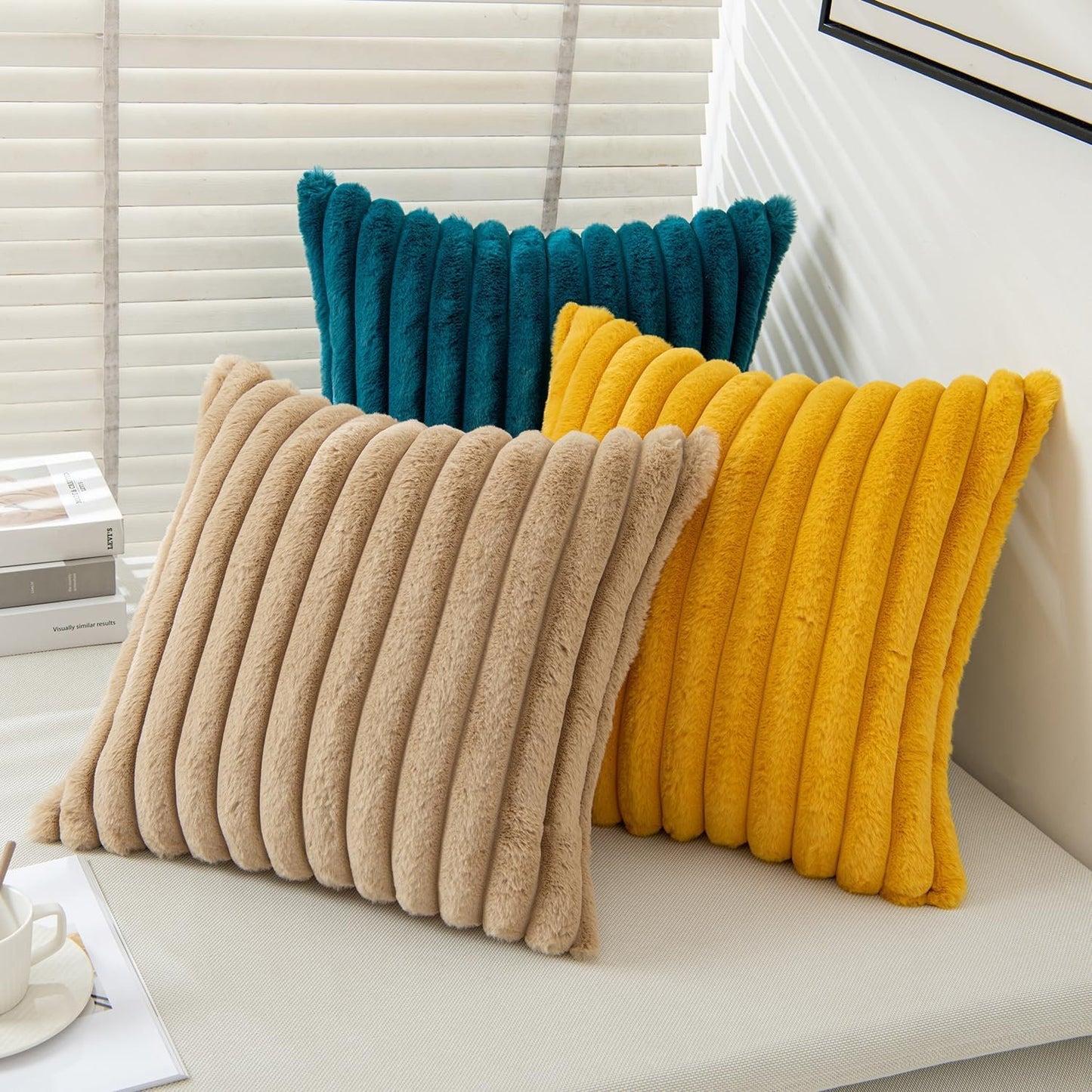 MIULEE Mustard Yellow Throw Pillow Covers 18x18 Inch Set of 2 Soft Pillowcase with Velvet Back Faux Rabbit Fur Cushion Covers Decorative Home Decor for Couch Sofa Bedroom Livingroom