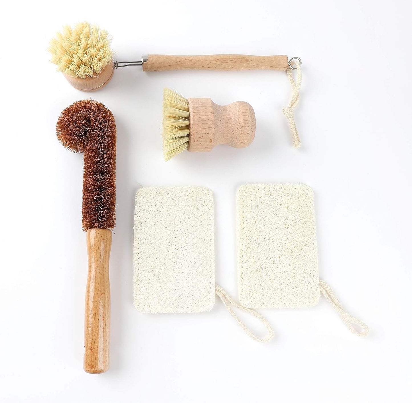 TXV Mart Eco-Friendly Natural Wooden Kitchen Cleaning Brush Set, 5 Piece, Wooden Dish Cleaning Brush Set, Loofah Dish Sponges, Dish and Bottle Scrubber Brushes