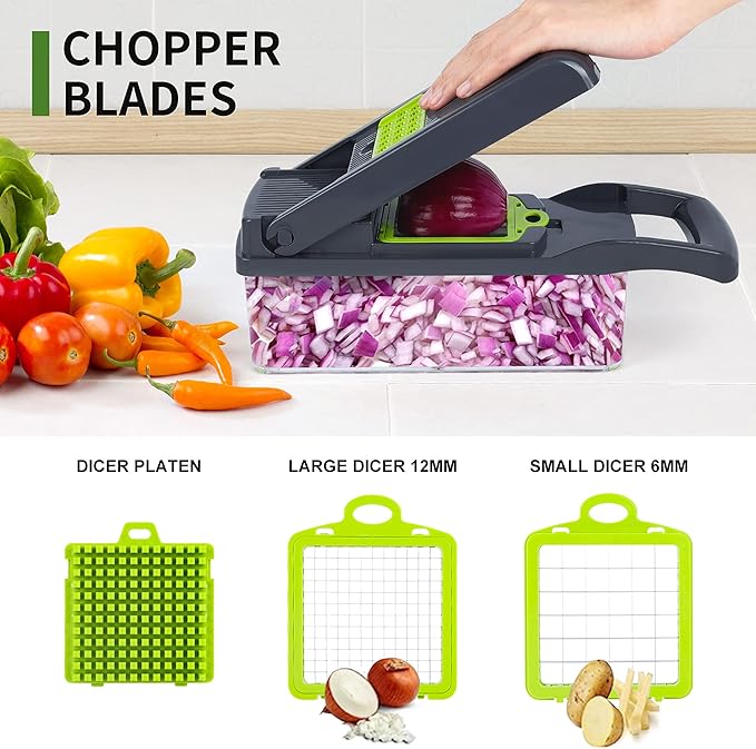 Vegetable Chopper Mandoline Slicer,Veggie Chopper, Multifunctional 10 in 1 Food Choppers, Kitchen Vegetable Slicer Dicer Cutter,Onion Mincer,Cheese Grater,Colander Basket,Kitchen Gadgets (Gray/Green)
