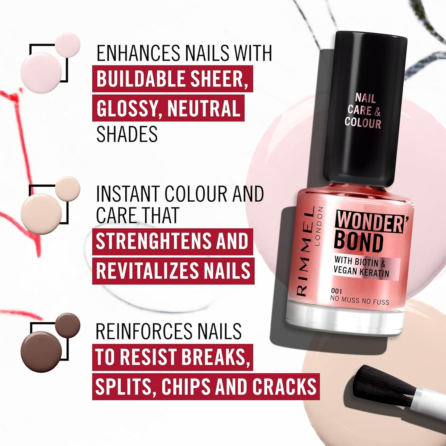 Rimmel Wonder'bond Care+Color Nail Polish, 007 Cappuccino, Regenerates Nails, with Biotin and Vegan Keratin, Modulable, 12 ml