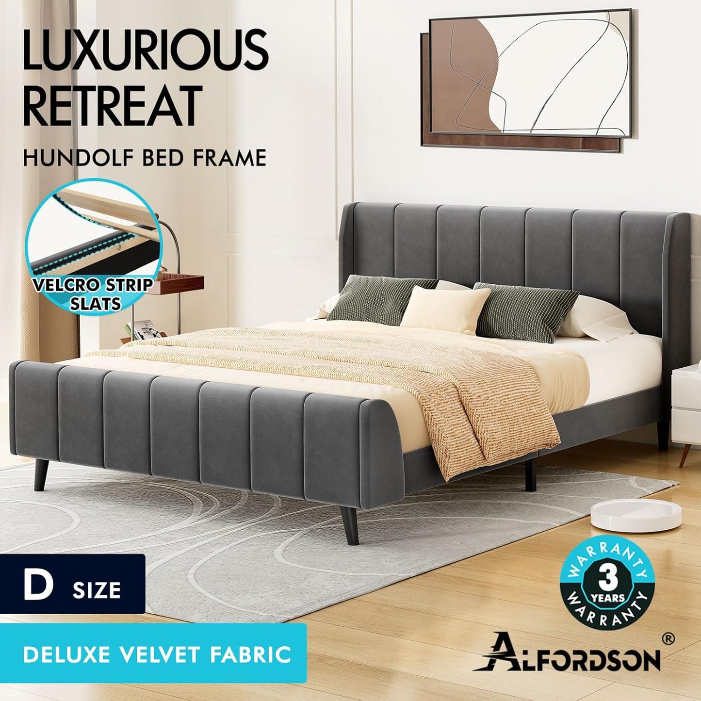 ALFORDSON Bed Frame Base Double Size with Headboard, Bed Platform Foundation with Velvet Fabric Upholstered for Mattress Topper, HUNDOLF Series Velvet Grey