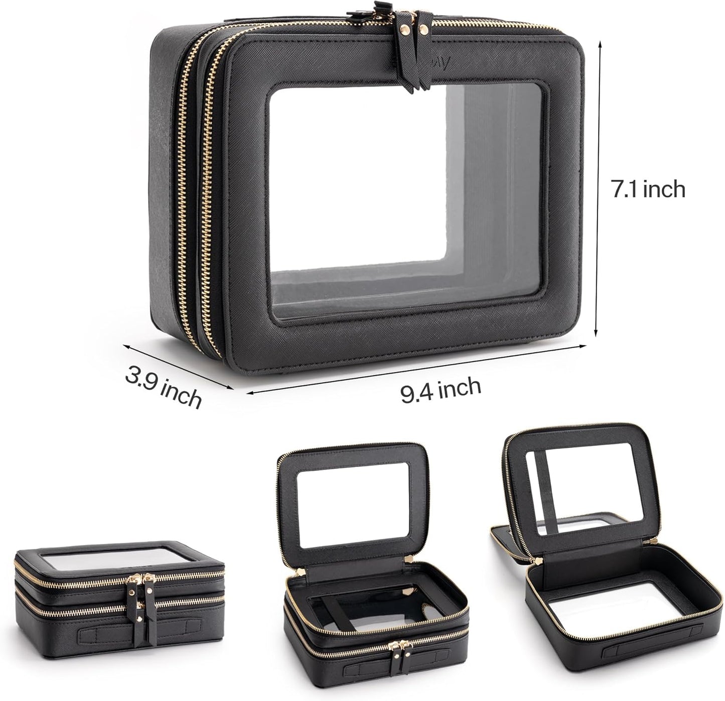 Aveniee Clear Makeup Bags, Double Layer Cosmetic Bags with a Separate Brush Compartment, Travel Toiletry Bag Train Case for Women, Travel Accessories Organizer for Purse(2 Layers Large, Black)