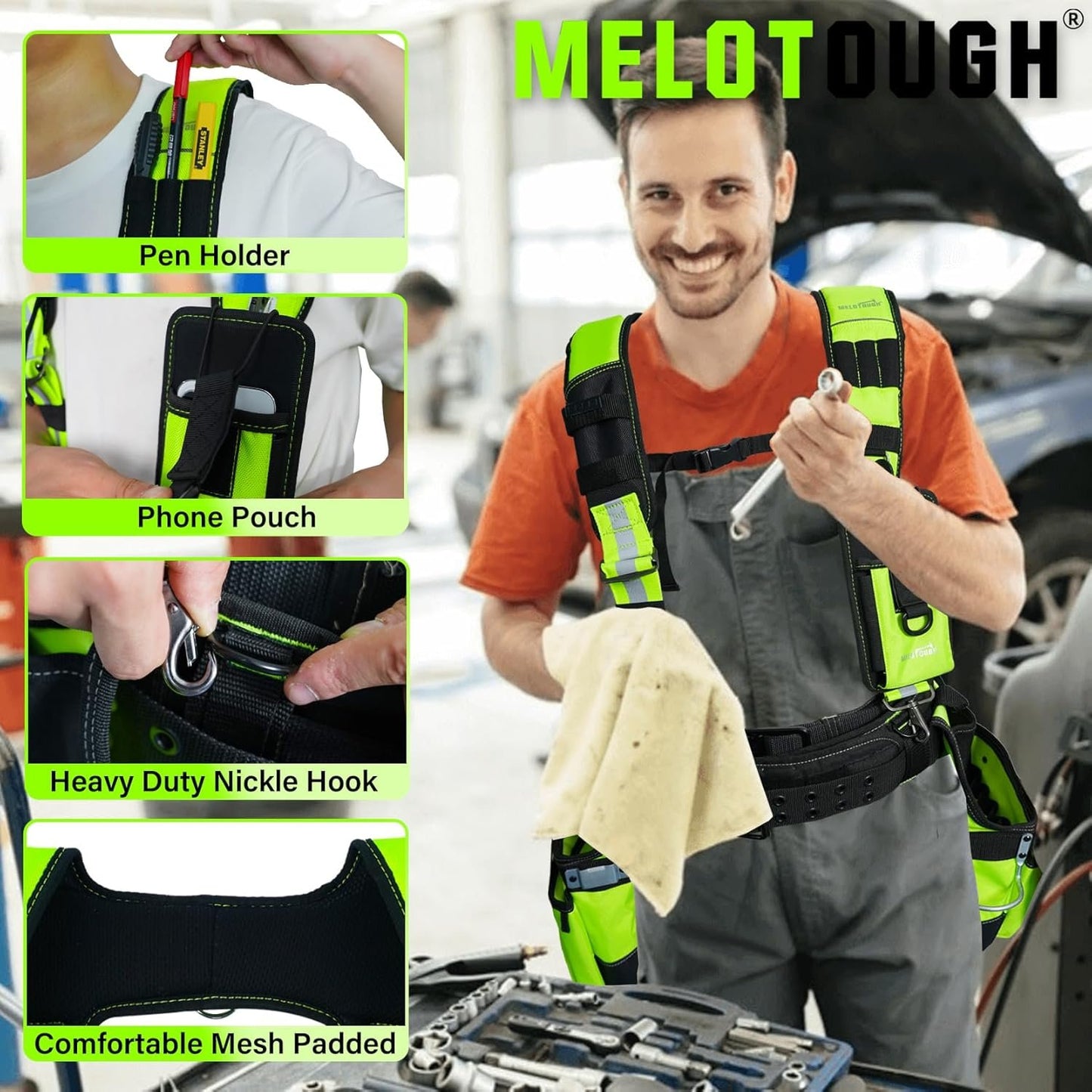 MELOTOUGH Reflective Safety Work Suspenders - Padded, Adjustable, Hi Vis Tool Belt Suspenders for Carpenter/Electrician/Roofing/Framers (High Visibility)